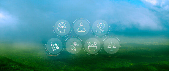 Wellness longevity and Holistic Concept. health care, including mental wellbeing, fitness,...