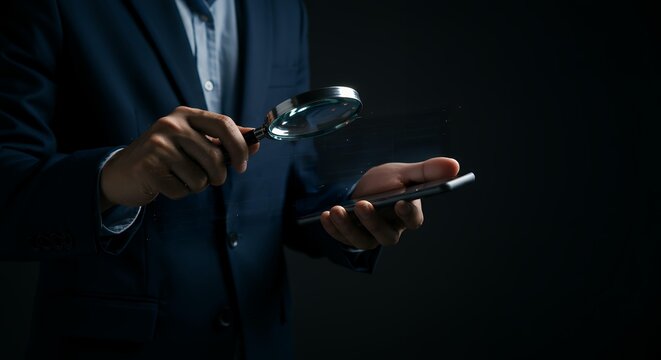 Corporate executive examining smartphone data with magnifying glass for mobile analytics and business intelligence research - Powered by Adobe