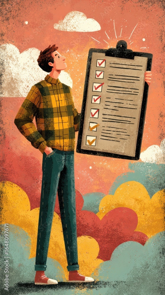 Aufkleber employee evaluating new goals with holographic checklist in a colorful cloudy background