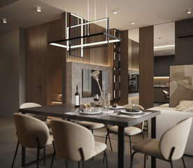 Modern luxury dining and living room interior with minimalist design and cozy atmosphere, 3D render