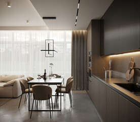 Modern luxury dining and living room interior with minimalist design and cozy atmosphere, 3D render
