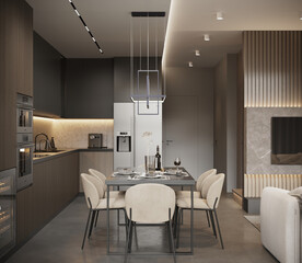 Modern luxury dining and living room interior with minimalist design and cozy atmosphere, 3D render