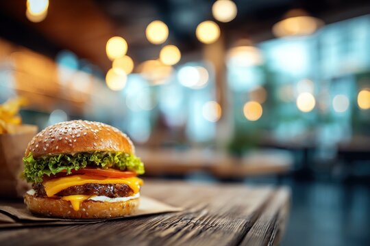 A zinger burger on a table with blurred lights in a restaurant