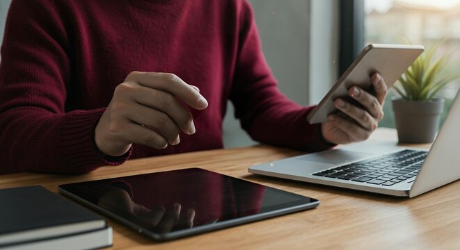 Professional businesswoman multitasking with smartphone and laptop computer in modern office environment for productivity workflow