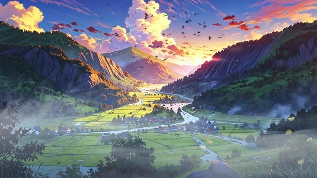 Beautiful river valley village at sunrise with mountains, colorful sky, peaceful rural landscape, flowing river, green fields and forest, warm light, cinematic nature scenery.