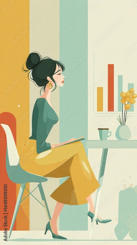Aufkleber thoughtful employee reviewing progress towards goals with holographic chart representation in modern