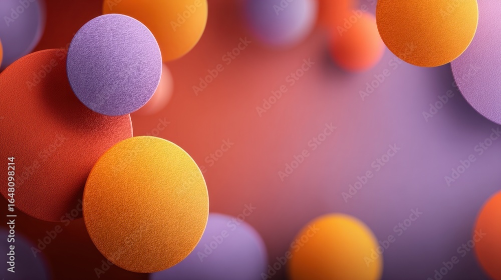 Poster abstract arrangement of floating colorful circles on a background gradient from orange to purple cre