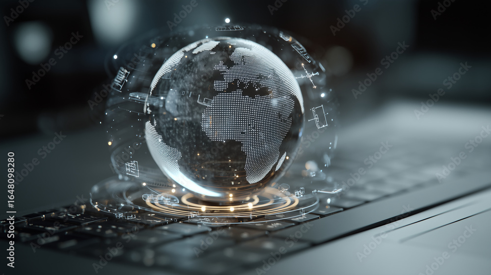 Poster glowing globe hovering above a keyboard with digital icons surrounding it