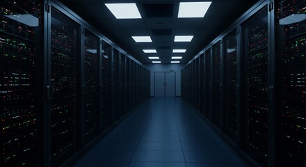 Modern data center server room corridor with rows of computer racks displaying colorful LED status lights and clean industrial architecture