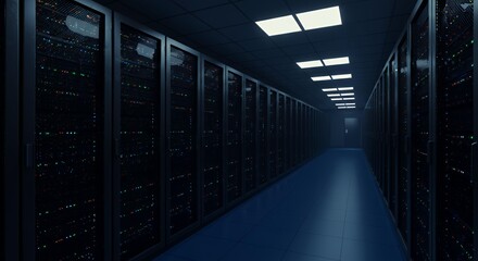 Modern data center server room corridor with illuminated server racks and LED status lights for cloud computing infrastructure