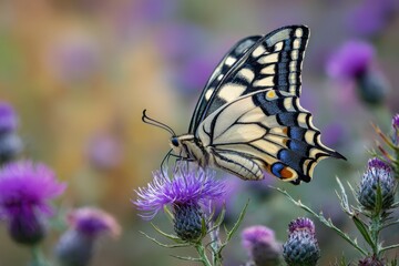 Obraz premium Anise Swallowtail butterfly sipping nectar from a purple thistle