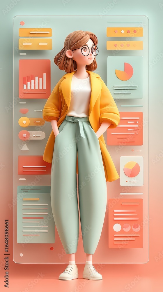 Aufkleber creative manager standing confidently near holographic board with team objectives and performance me