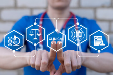 Clinical research fellow using virtual touch screen presses button with inscription: CLINICAL STUDY. Clinical Study Medical Analyzing Laboratory AI Development Concept.