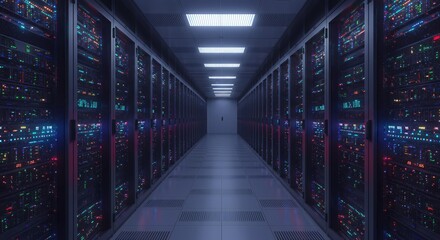 High-tech server room corridor with colorful LED status indicators on network equipment racks in modern data center