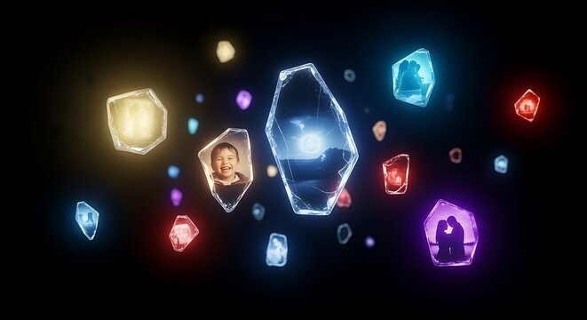 Floating shards of memory glowing in hue