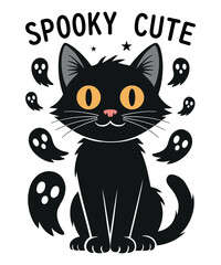 Spooky Cute Black Cat with Ghosts – Kawaii Halloween Vector Illustration for T-Shirts, Stickers, and Merchandise