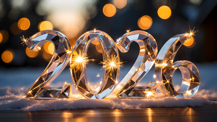 Obraz premium Sparkling crystal numbers 2026 with festive lights for the new year
