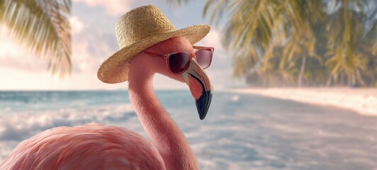 [The flamingo wearing sunglasses and straw hat on a sunlit tropical beach]