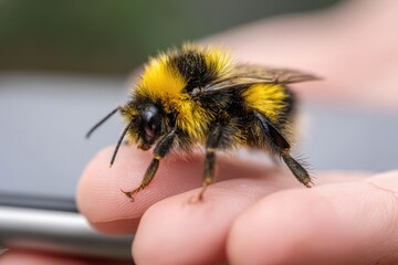 Bee resting on a hand with a phone