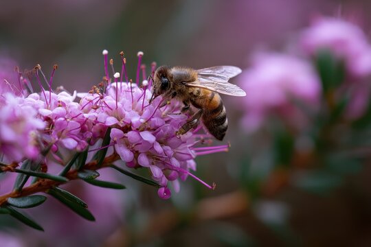 Bee consuming Hebe Wiri flowers in Romsey Victoria Australia November 2020