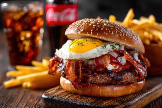 Beef burger with bacon egg fries and soda
