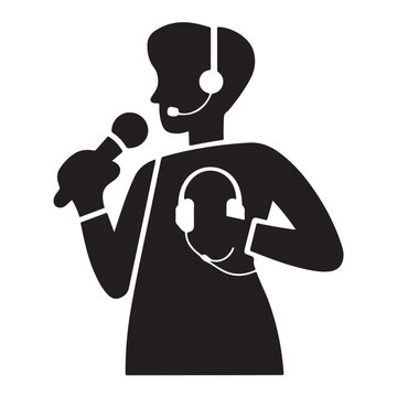 recommend clip art: Black silhouette of a person wearing headphones and holding a microphone speaking