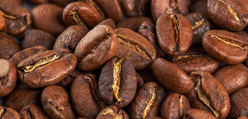 natural freshly roasted coffee beans, top view