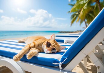 An orange tabby cat relaxes on a blue and white lounge chair by the beach. The sun shines brightly, and palm trees are visible in the background.