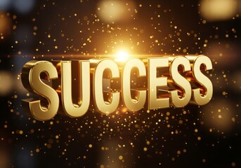 Golden text spelling 'SUCCESS' with a bright light and sparkling background. The scene conveys themes of achievement and positivity.