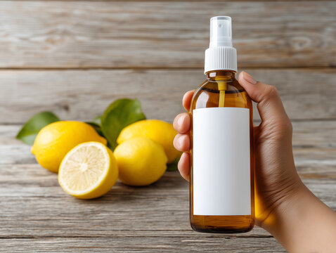 Hand holding spray bottle with blank label near lemons on wooden surface