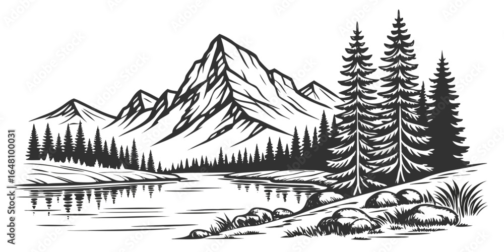 Poster monochrome landscape featuring mountains trees and a river with reflections in a detailed vector dra