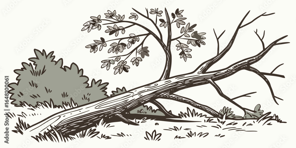 Poster illustration of a fallen tree with leaves and branches amidst grass and a bush in a nature scene cre
