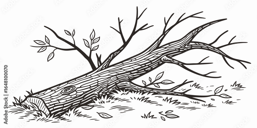 Poster Fallen tree trunk with branches and leaves lying on the ground in a black and white illustration created with generated ai