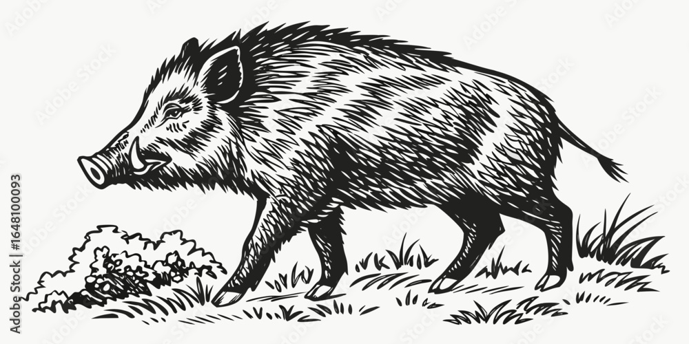 Poster illustration of a wild boar walking through grass with a bush visible in the foreground drawing crea