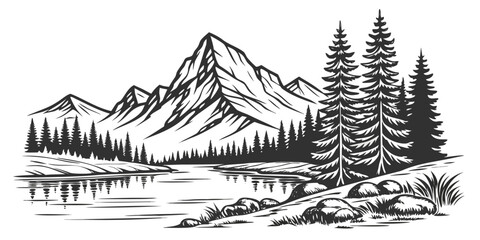 Monochrome landscape featuring mountains trees and a river with reflections in a detailed vector drawing style created with generated ai