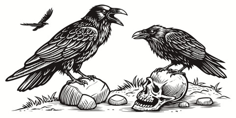 Illustration of two ravens perched on a skull and rock with a raven flying in the background created with generated ai