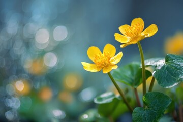 Bokeh backdrop featuring yellow Caltha palustris L blooms