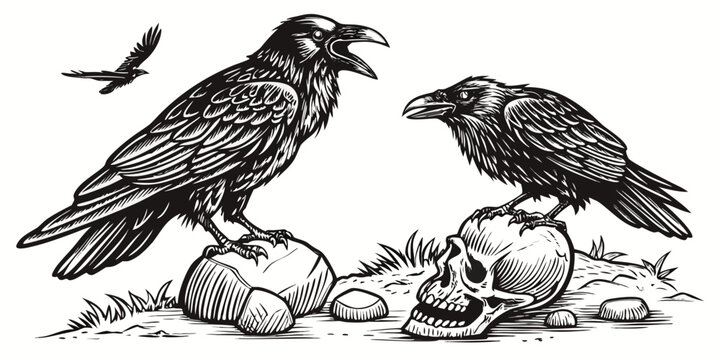 Illustration of two ravens perched on a skull and rock with a raven flying in the background created with generated ai - Powered by Adobe