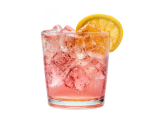Chilled glass of artisanal pink lemonade with ice, png, transparent