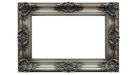 Vintage ornate silver baroque picture frame with intricate carved details and classical scrollwork design isolated on white background for professional photography
