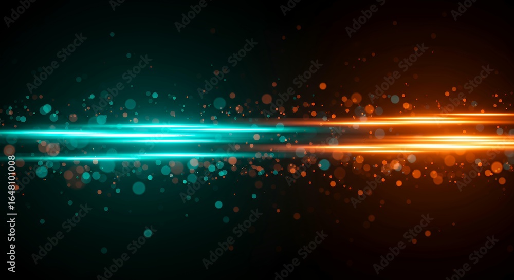 Poster abstract cyan orange light beams with bokeh particles on dark background for technology presentation