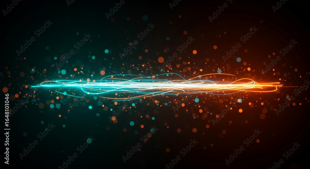 Poster flowing energy waves with cyan and orange light streams and particle effects for modern technology a