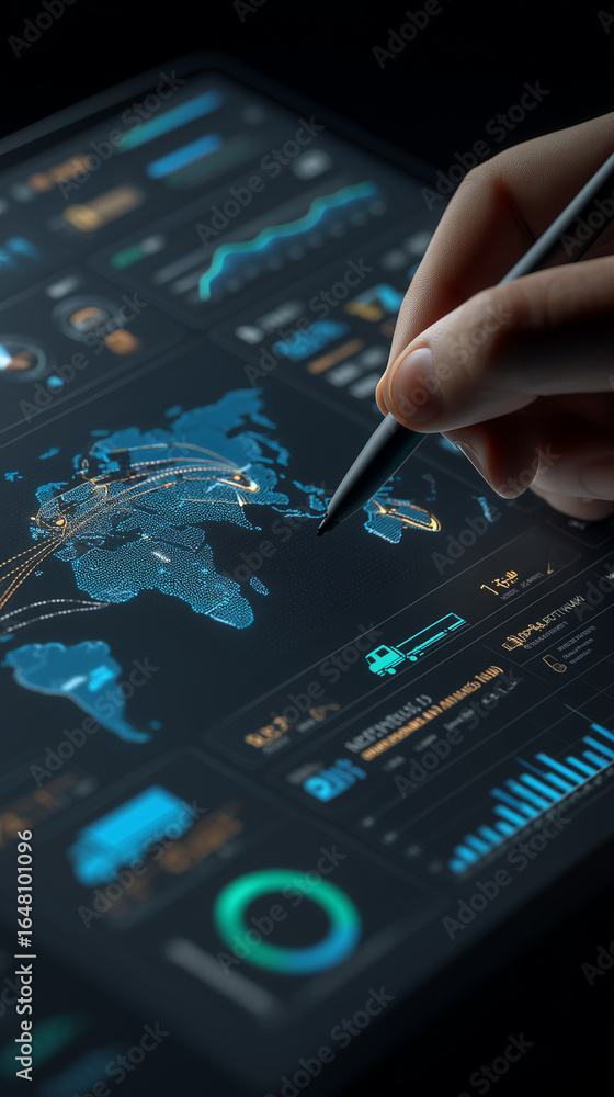 Poster hand using stylus on digital tablet displaying world map and data visuals