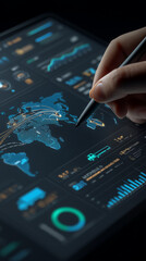 Hand using stylus on digital tablet displaying world map and data visuals