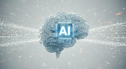 Digital brain with AI circuit patterns floating in bright technological data stream environment for artificial intelligence concepts