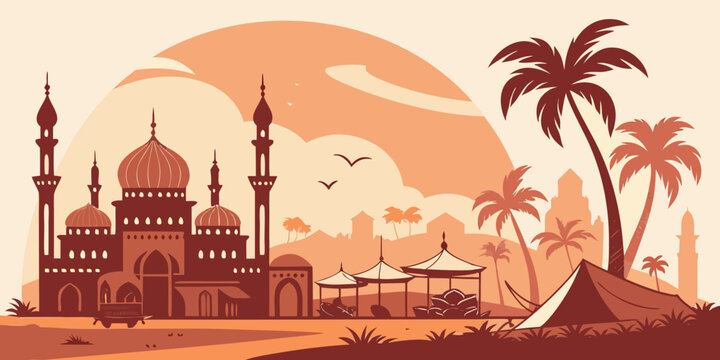 Rabian Landscape with Mosque, Palm Trees, and Desert Camp in Warm Sunset Tones