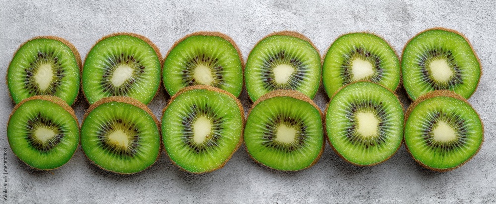 Poster the kiwi halves arranged in two neat rows on a concrete background