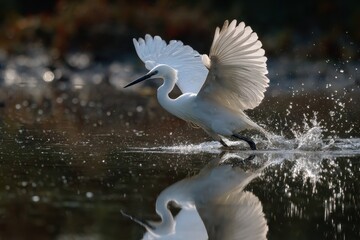 Charming small egret fishing in water