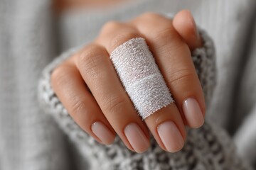 Close up of a woman s bandaged finger experiencing pain