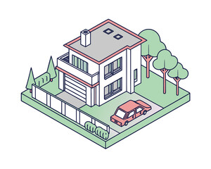 Fototapeta premium Isometric House and Car Illustration Design with Garage and Garden Landscape for Real Estate or Property Concept